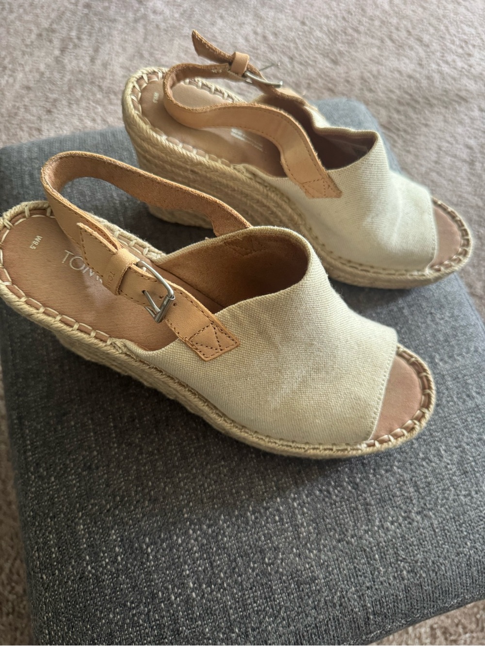 TOMS Cream Canvas Espadrille Wedge Sandals with Tan Slingback